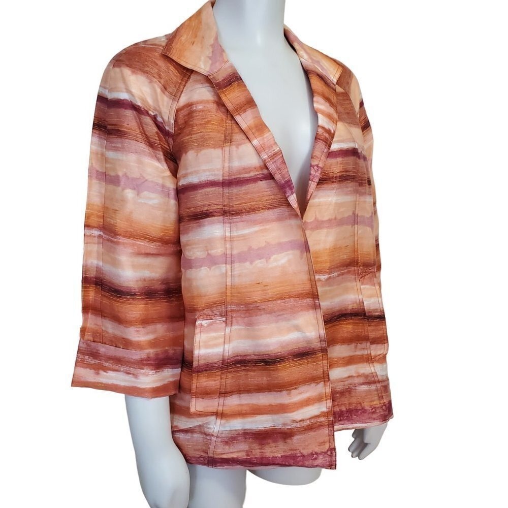 Chicos Open Front Jacket Womens Size 1/M Orange Watercolor Linen Blend Southwest
